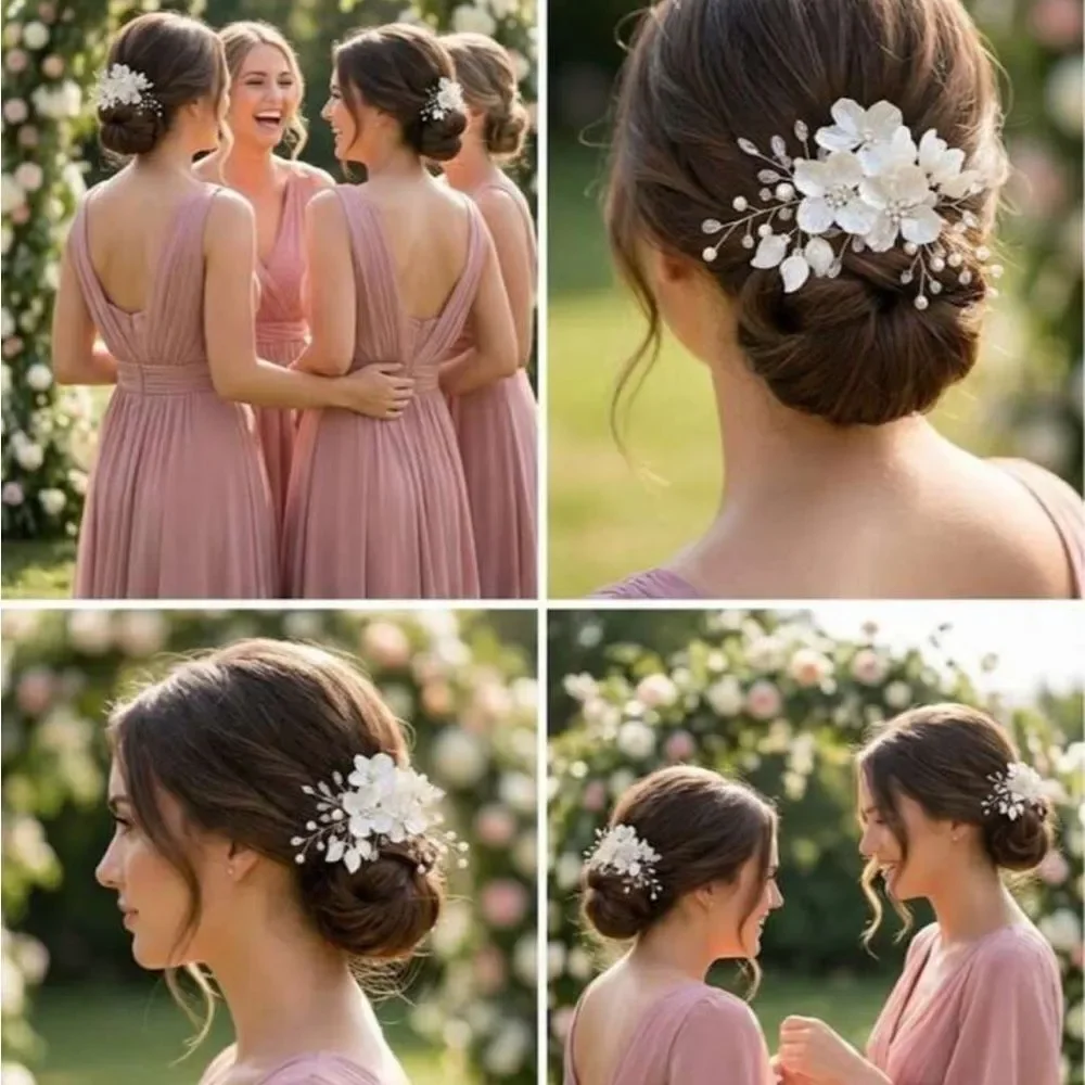 Anthropologie White Floral Pearl Hair Clip R375